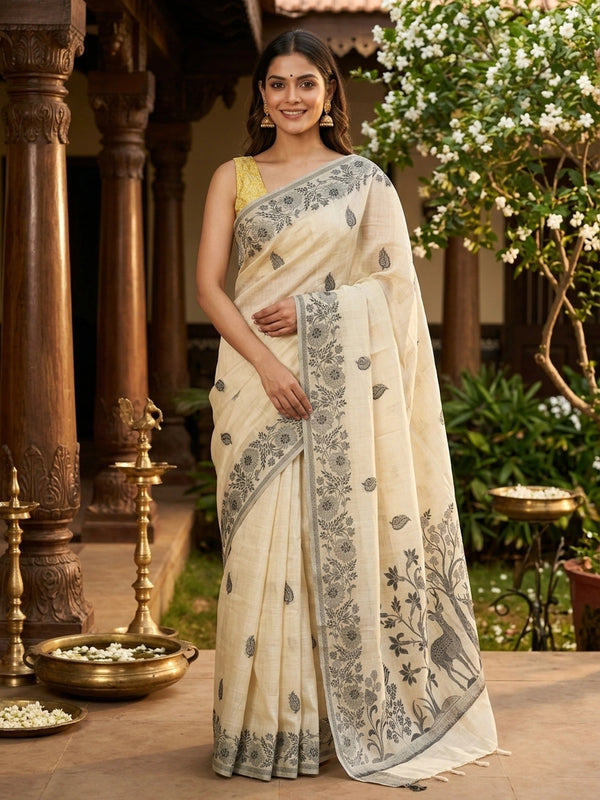Cream linen cotton saree with grey floral border and peacock-deer motif pallu