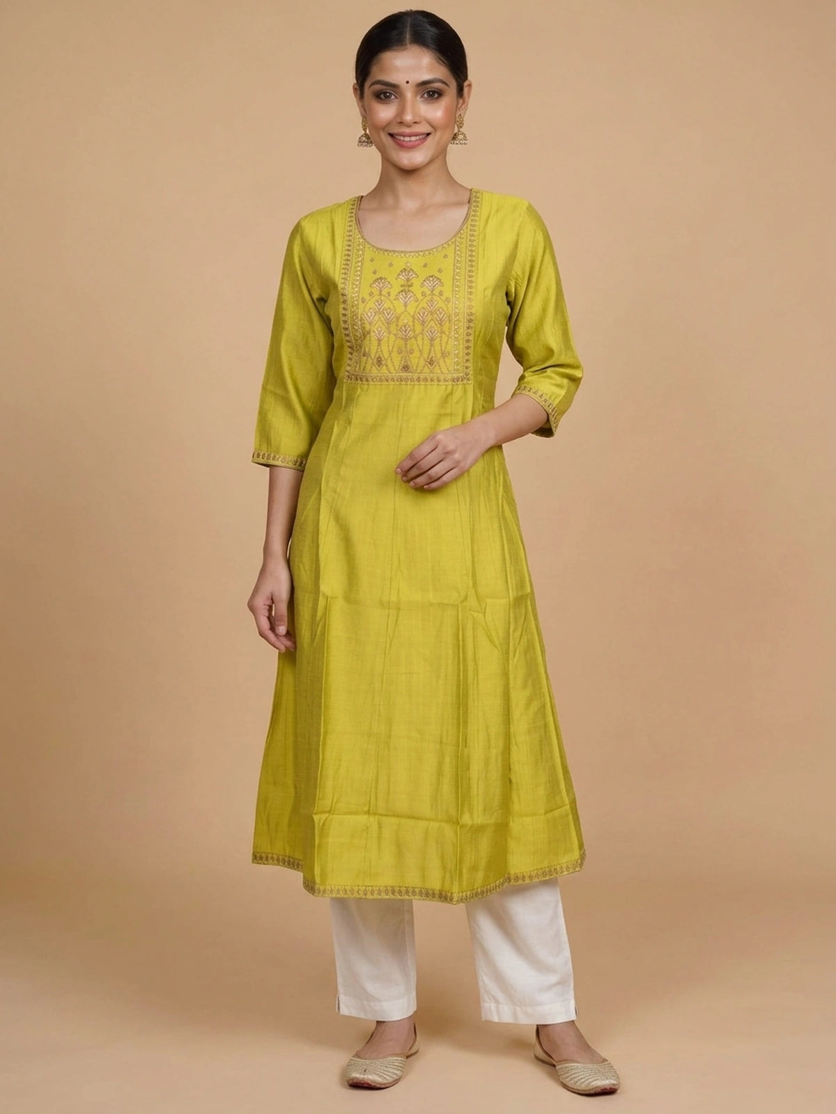 Lime green Zari embroidered art silk Anarkali kurti top with gold floral yoke