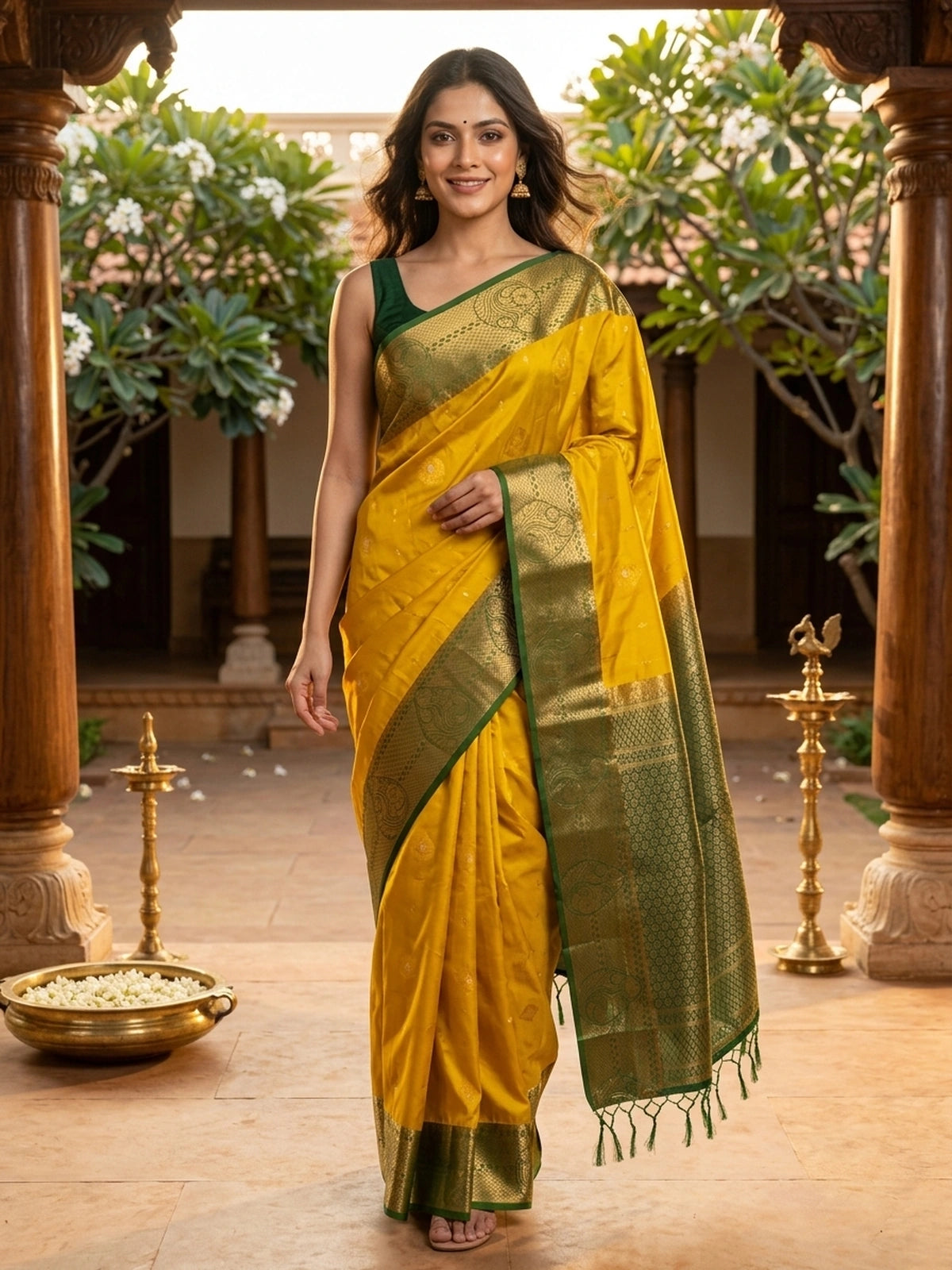 Mustard Yellow and Green Kanchipuram Fancy Silk Saree