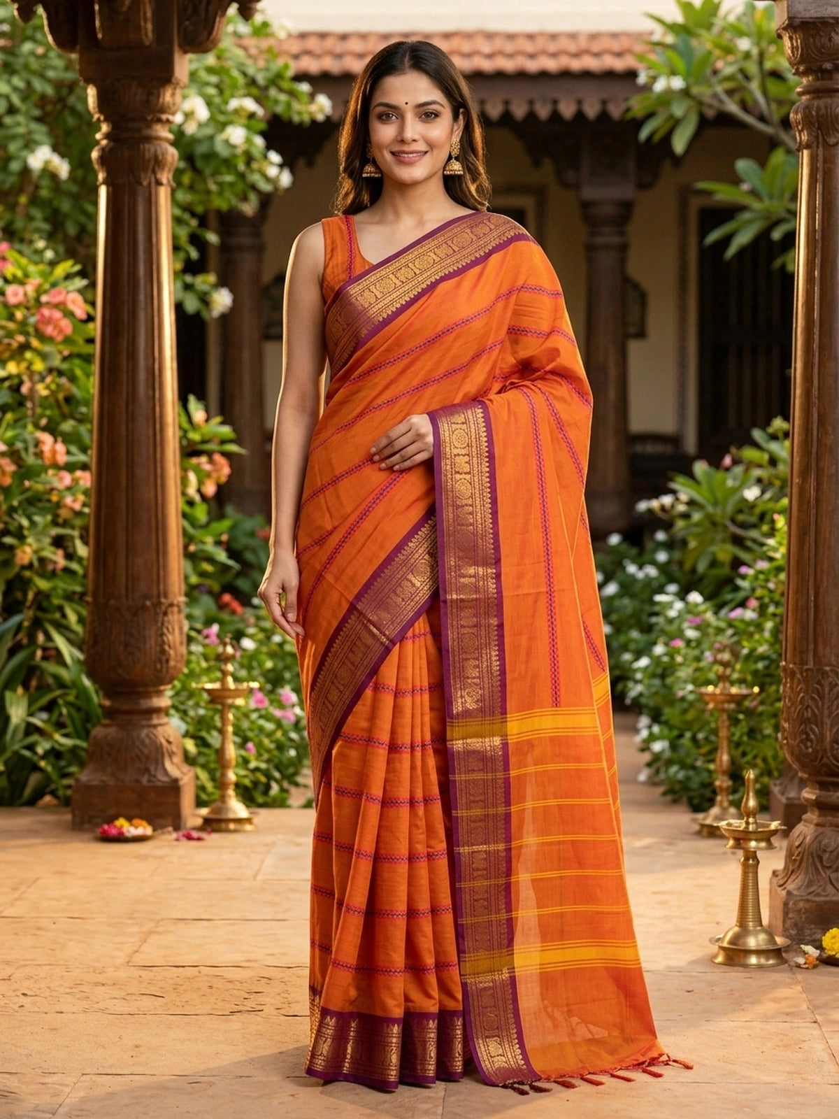 Rust orange Chettinad cotton saree with magenta gold zari border and pink-blue zigzag stripes