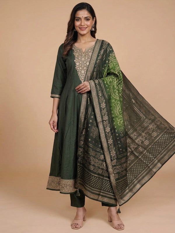 Bottle Green silk blend zari embroidered Anarkali kurti set with gold neckline and green gold dupatta