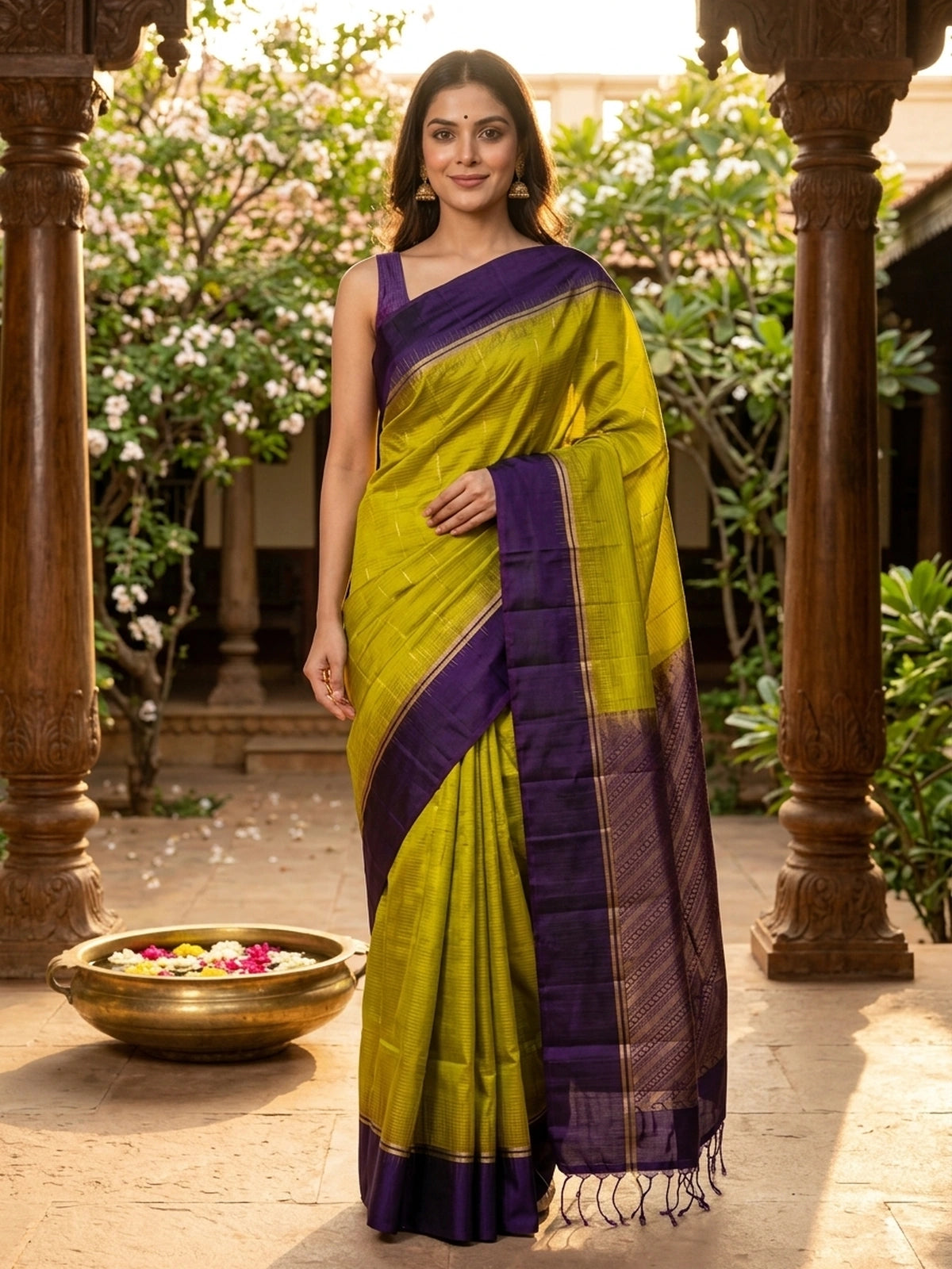 Lime Green and Purple Pure Soft Silk Saree