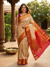 Cream and Orange-Red Pure Kanchipuram Silk Saree