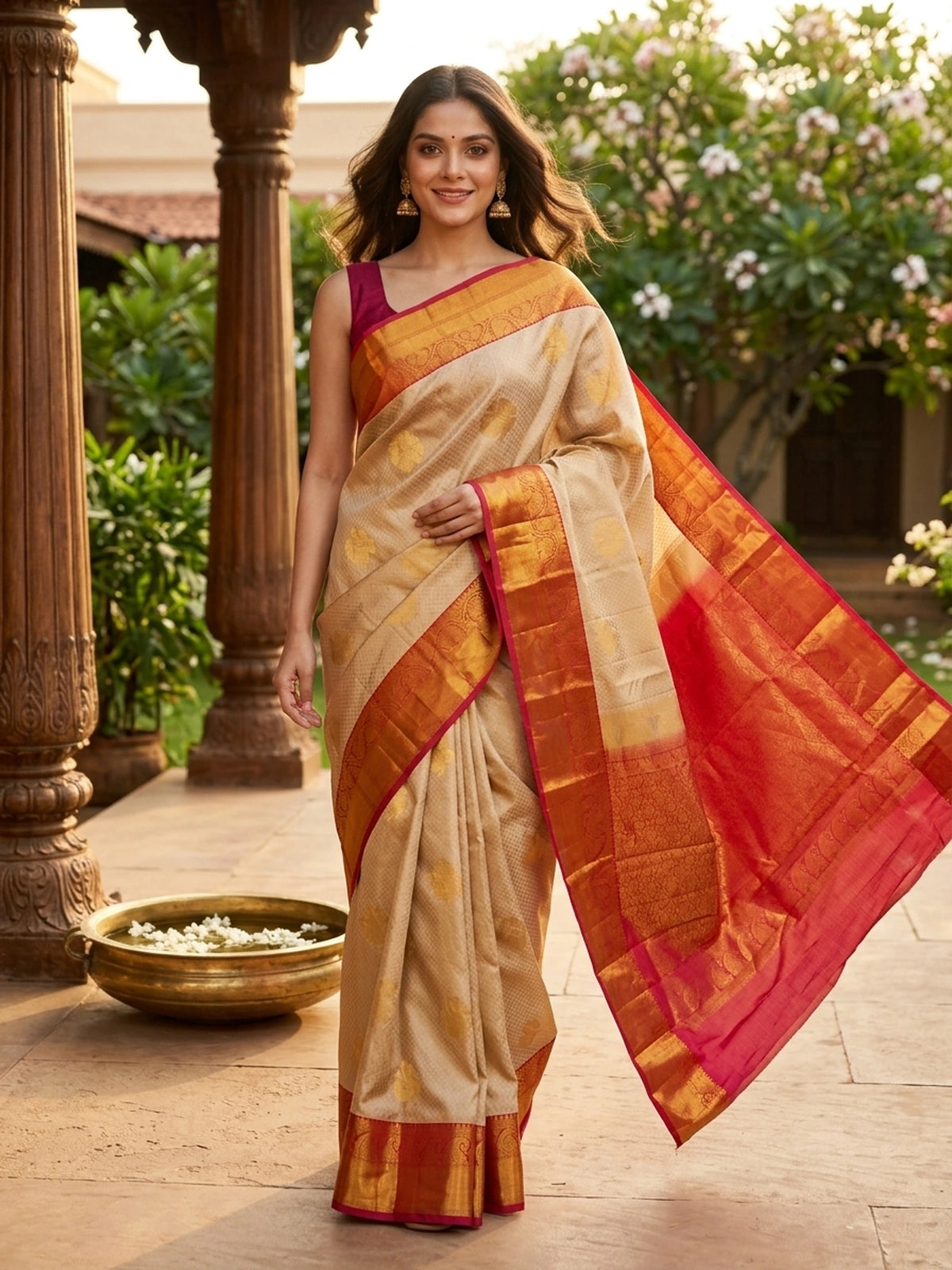 Cream and Orange-Red Pure Kanchipuram Silk Saree