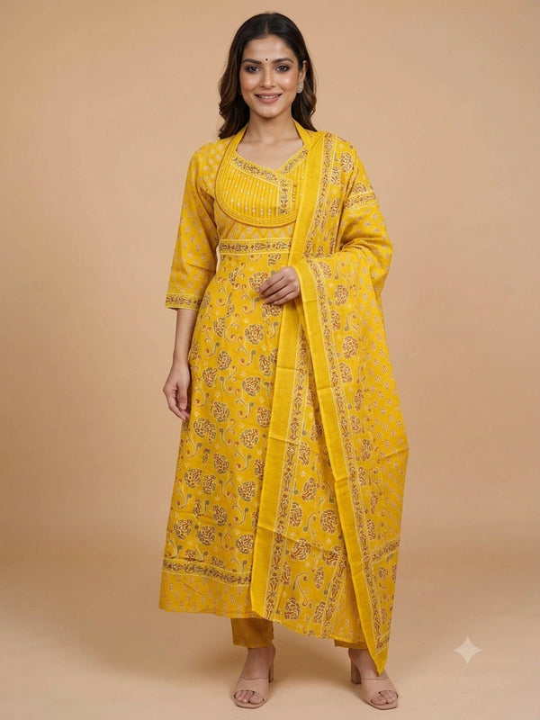 Mustard Yellow floral block print cotton Anarkali kurti set with dupatta