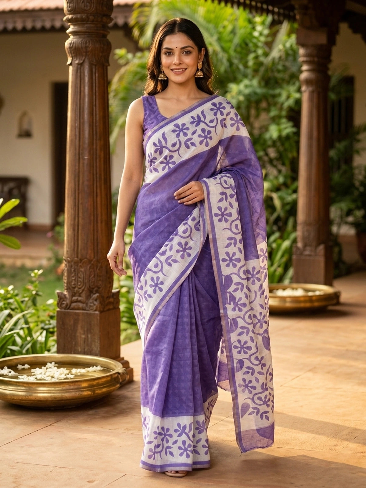 Purple and White Linen Cotton Saree