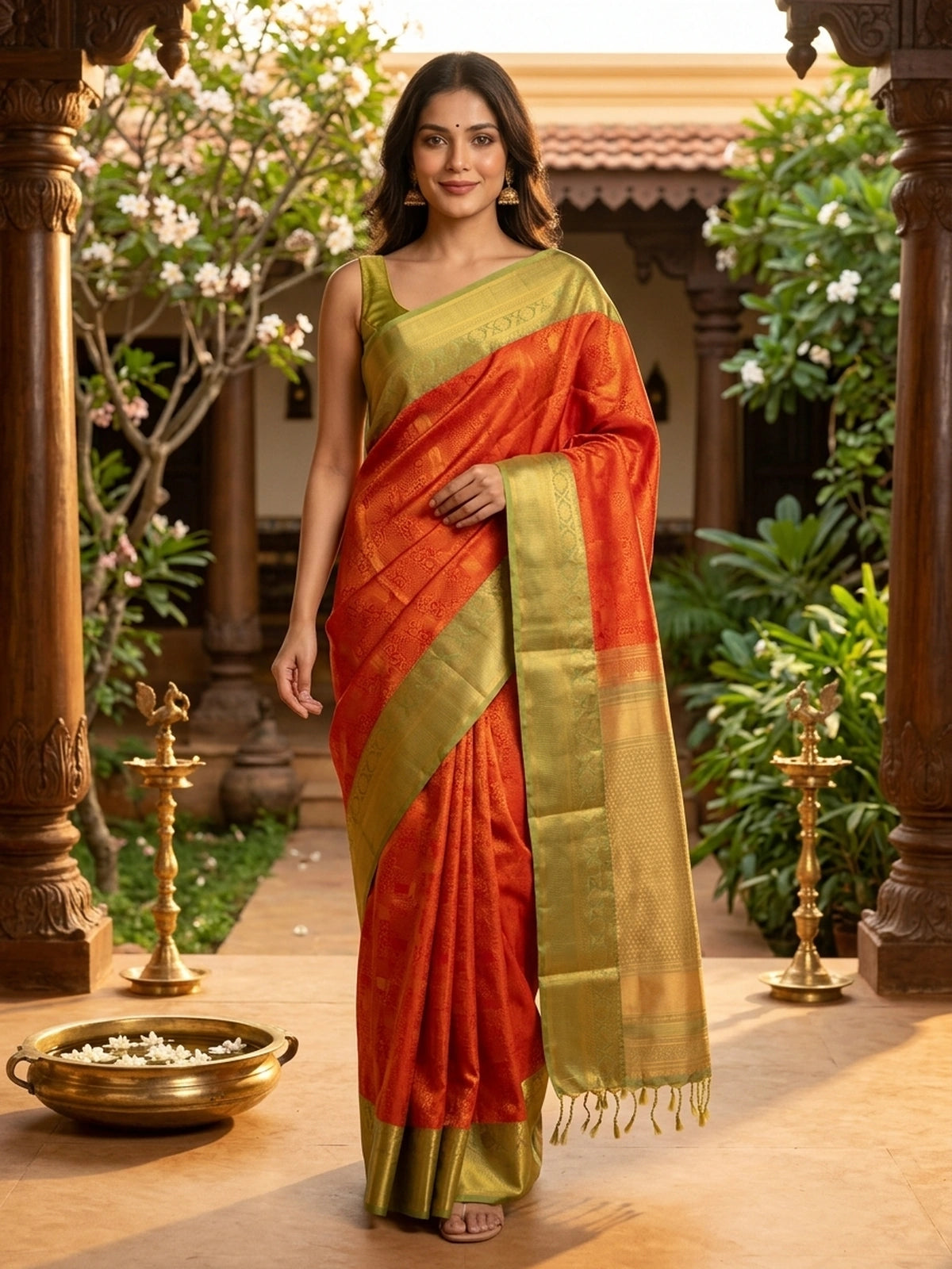 Orange Kanchipuram Fancy Silk saree with contrast green and gold zari border and pallu