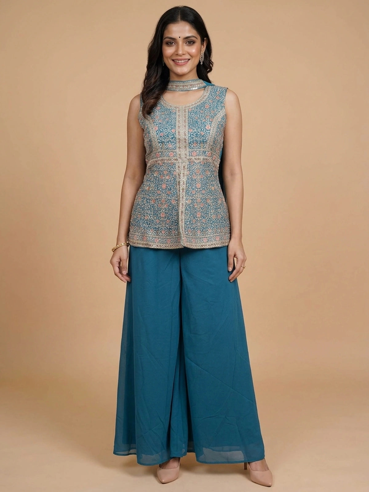 Teal Blue Georgette floral embroidered sleeveless straight cut kurti set with palazzo and dupatta