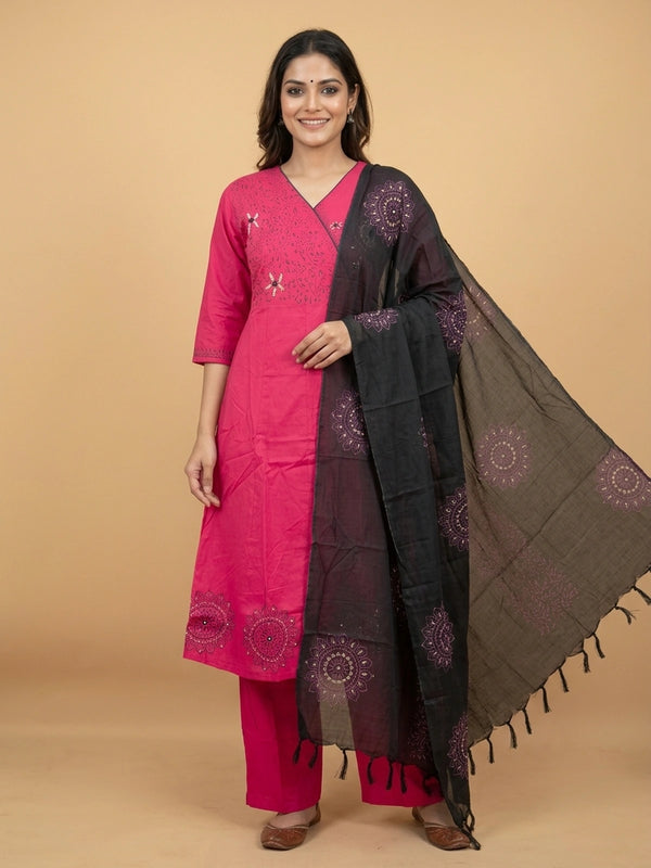 Rani Pink Cotton Angrakha Anarkali Kurti Set with black mandala-print dupatta