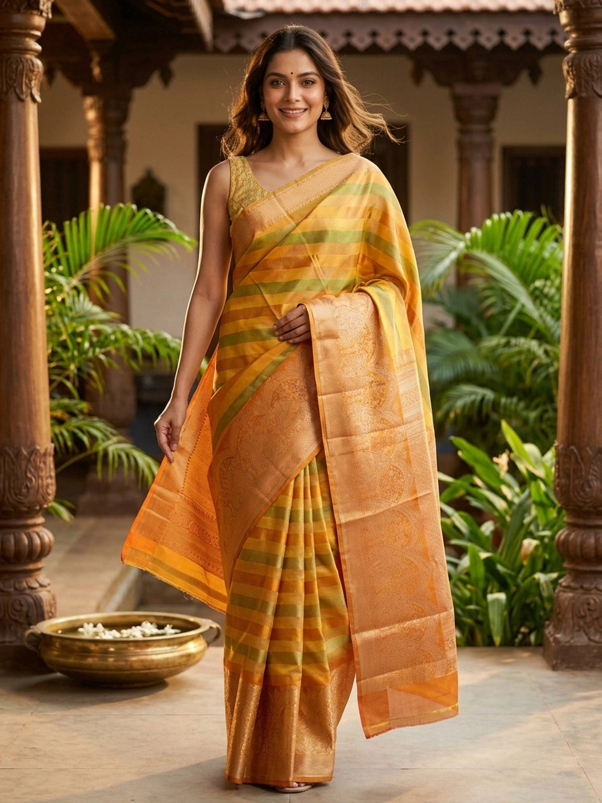 Gold and orange pure Kanchipuram silk saree with diagonal zari stripes and floral zari border