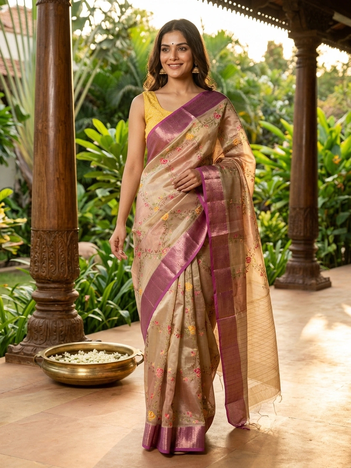 Beige and Pink Semi Raw Silk Saree