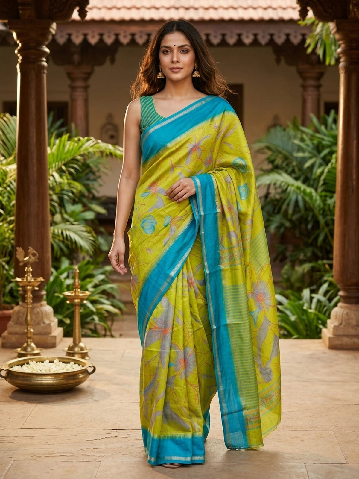 Lime green Dola silk saree with turquoise blue contrast border, silver zari and floral print