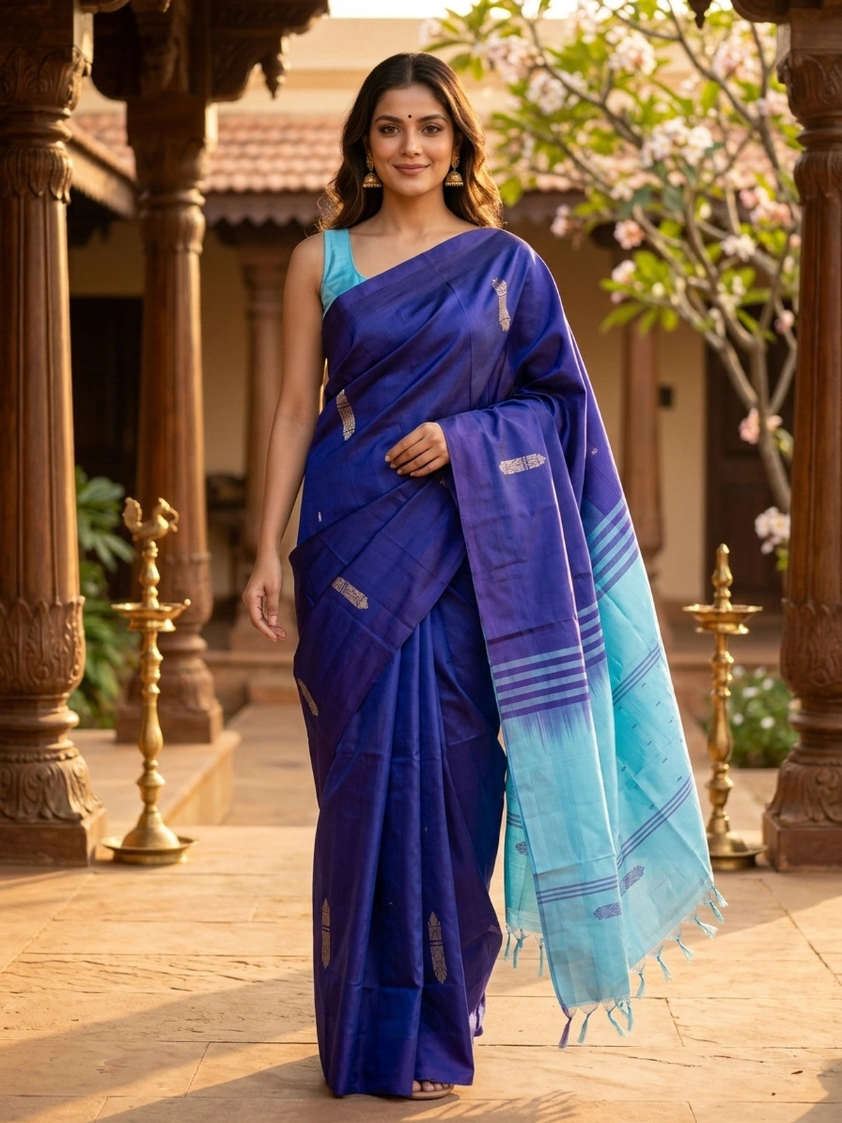 Royal blue banana silk saree with silver zari buttas and contrast turquoise striped pallu and border