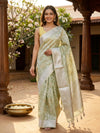Sage Green and Silver Designer Embroidery Work Organza Saree