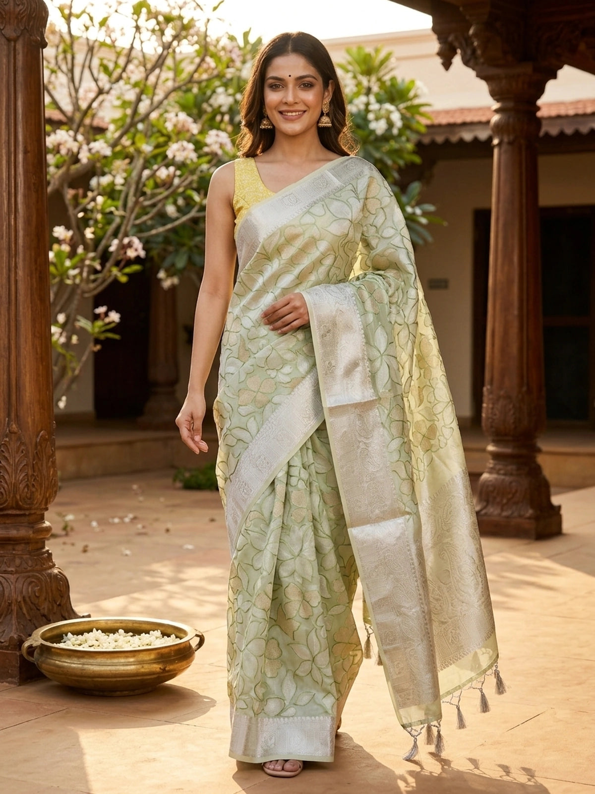 Sage green designer saree with cream-gold floral embroidery and silver zari border