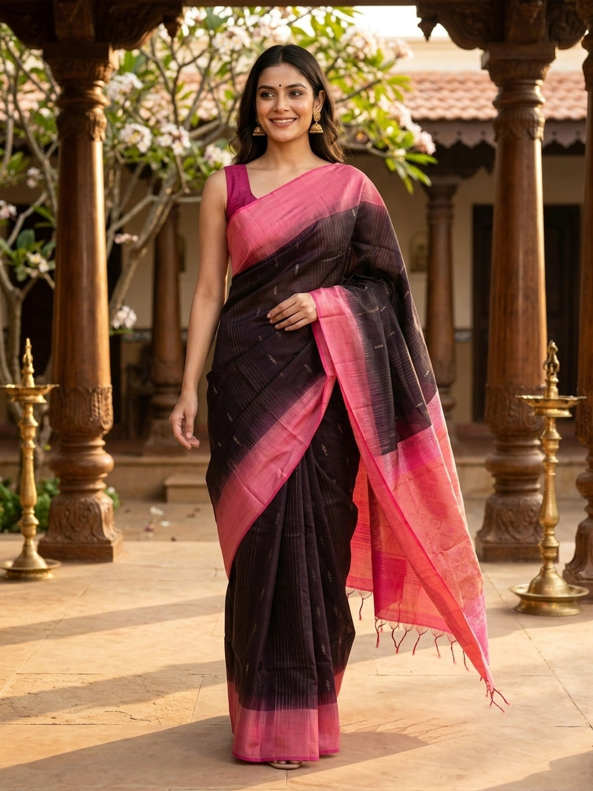 Deep wine soft silk saree with contrast pink zari border and tasselled pallu