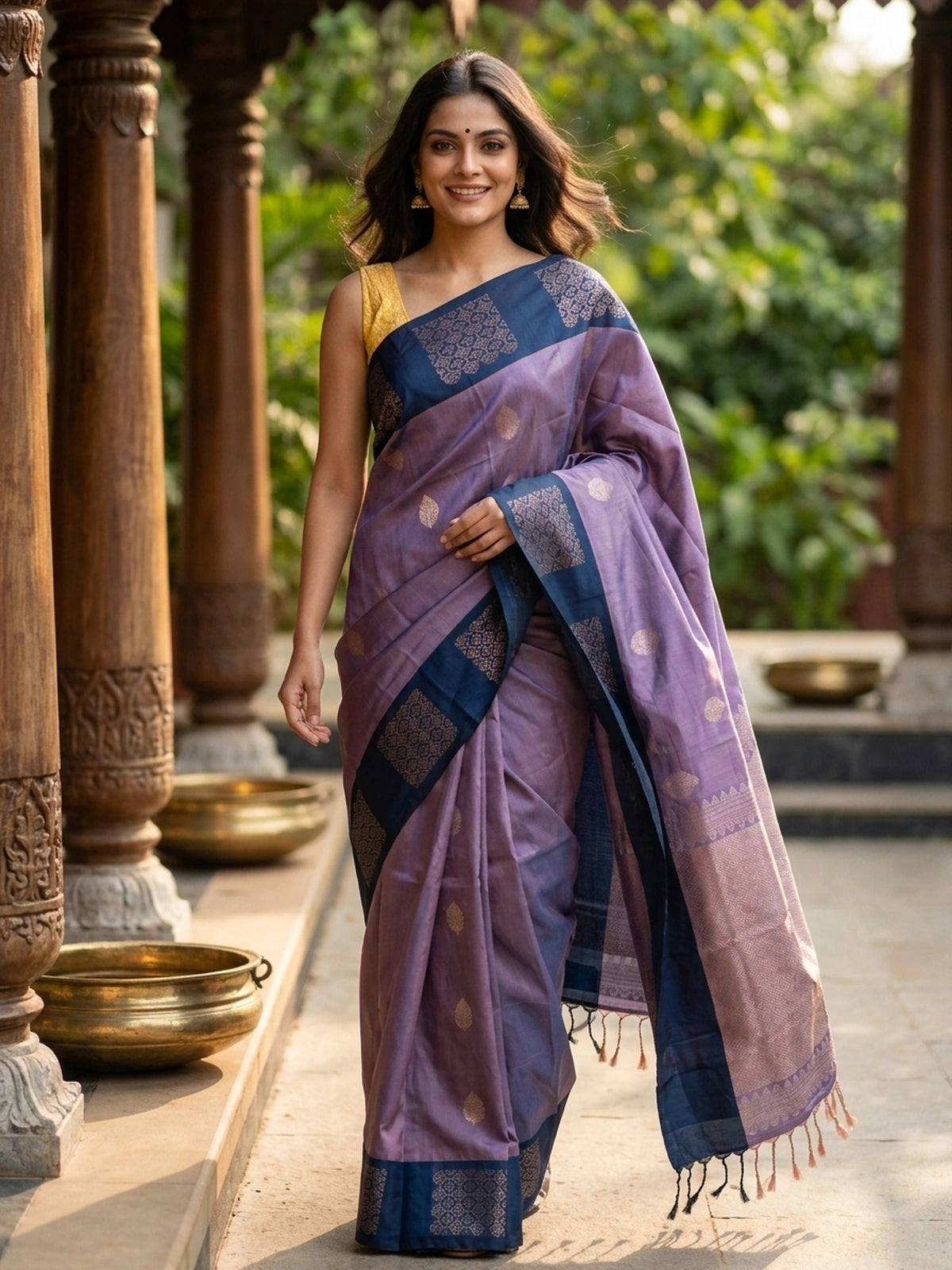 Mauve Kanchipuram fancy silk saree with navy blue contrast border and silver zari pallu