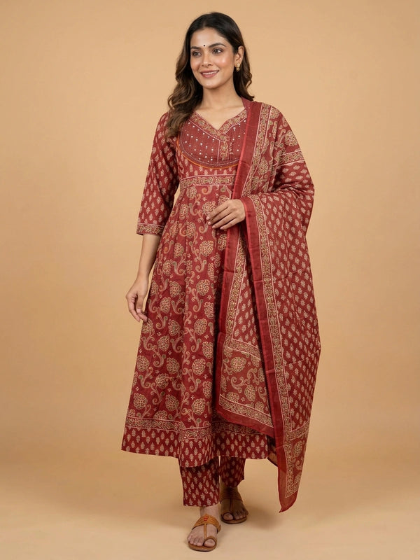 Maroon floral block print cotton Anarkali kurti set with embellished yoke, straight pants and printed dupatta
