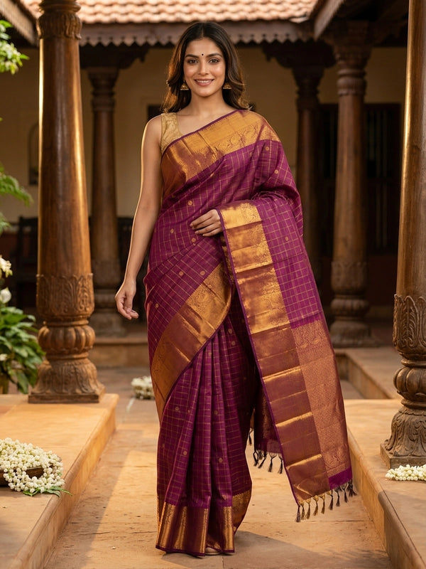 Magenta pure Kanchipuram silk saree with gold zari checks and contrast peacock-motif border