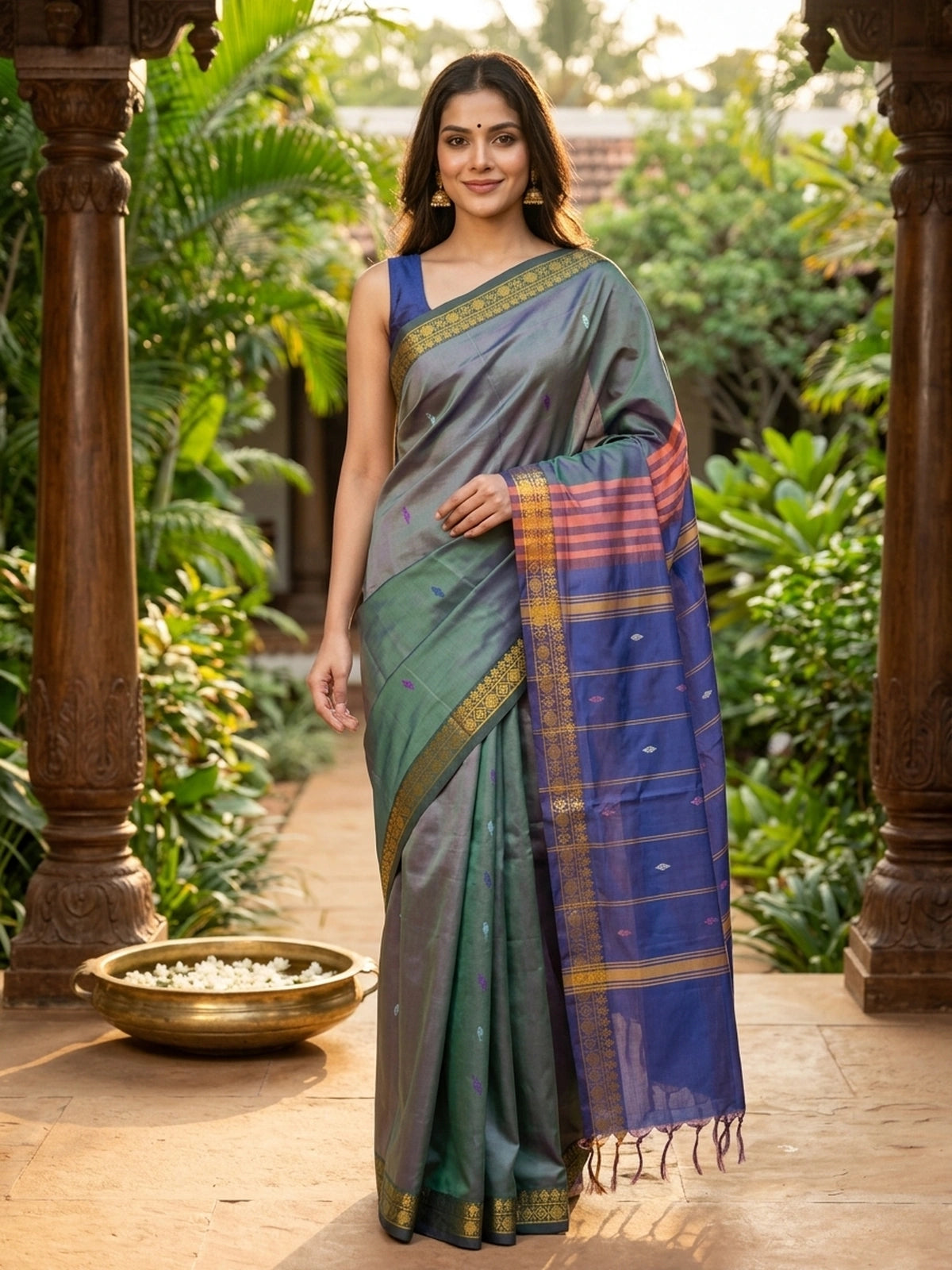 Dual-tone grey and blue banana silk saree with gold zari border and striped blue pallu