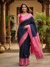 Navy Blue and Pink Pure Soft Silk Saree