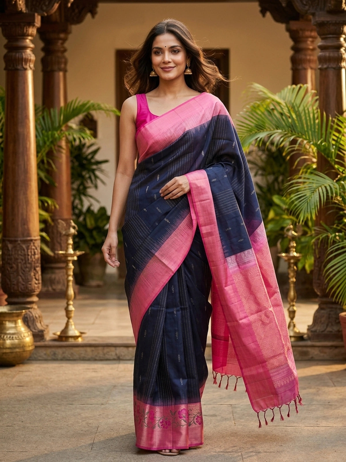 Navy blue soft silk saree with contrast pink zari border and pallu