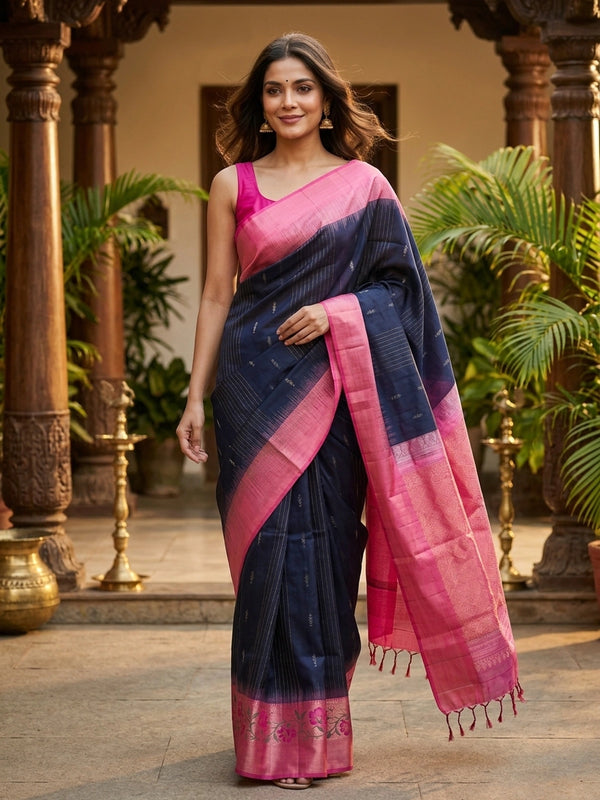 Navy blue soft silk saree with contrast pink zari border and pallu