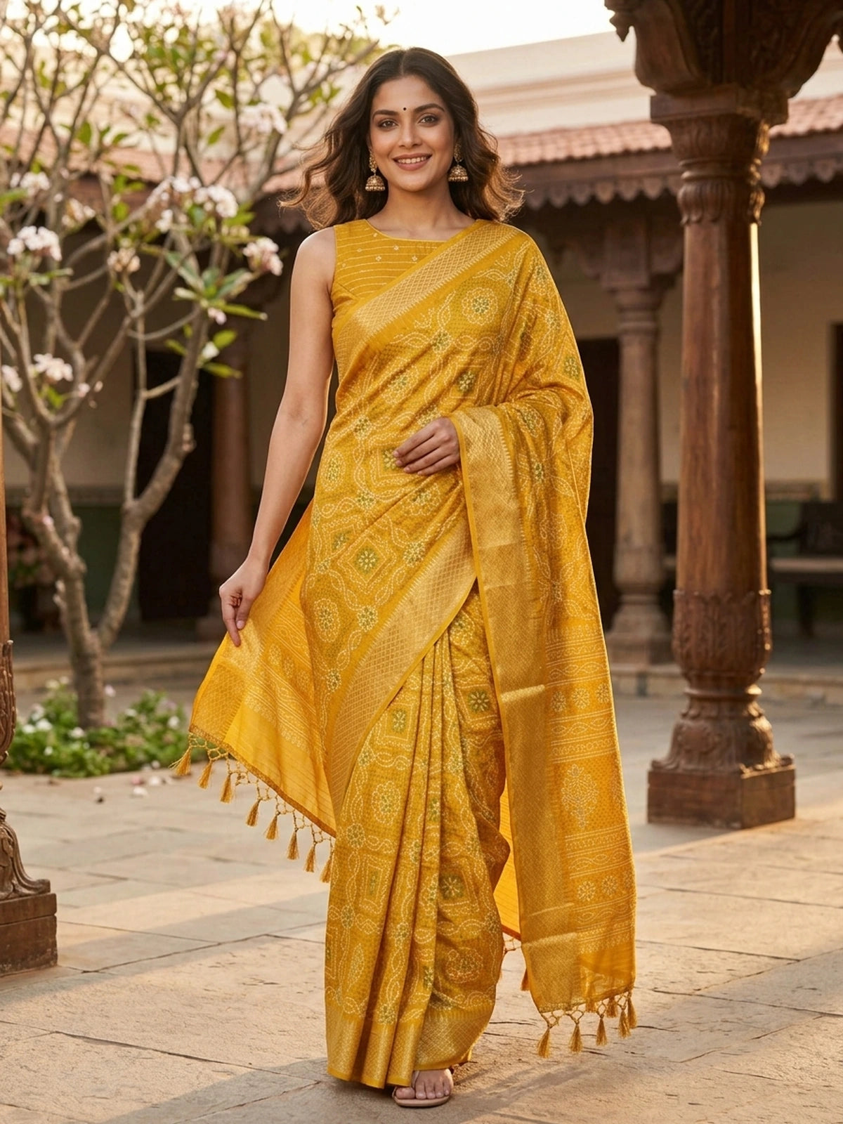 Mustard yellow bandhani print designer saree with gold zari border and banded pallu