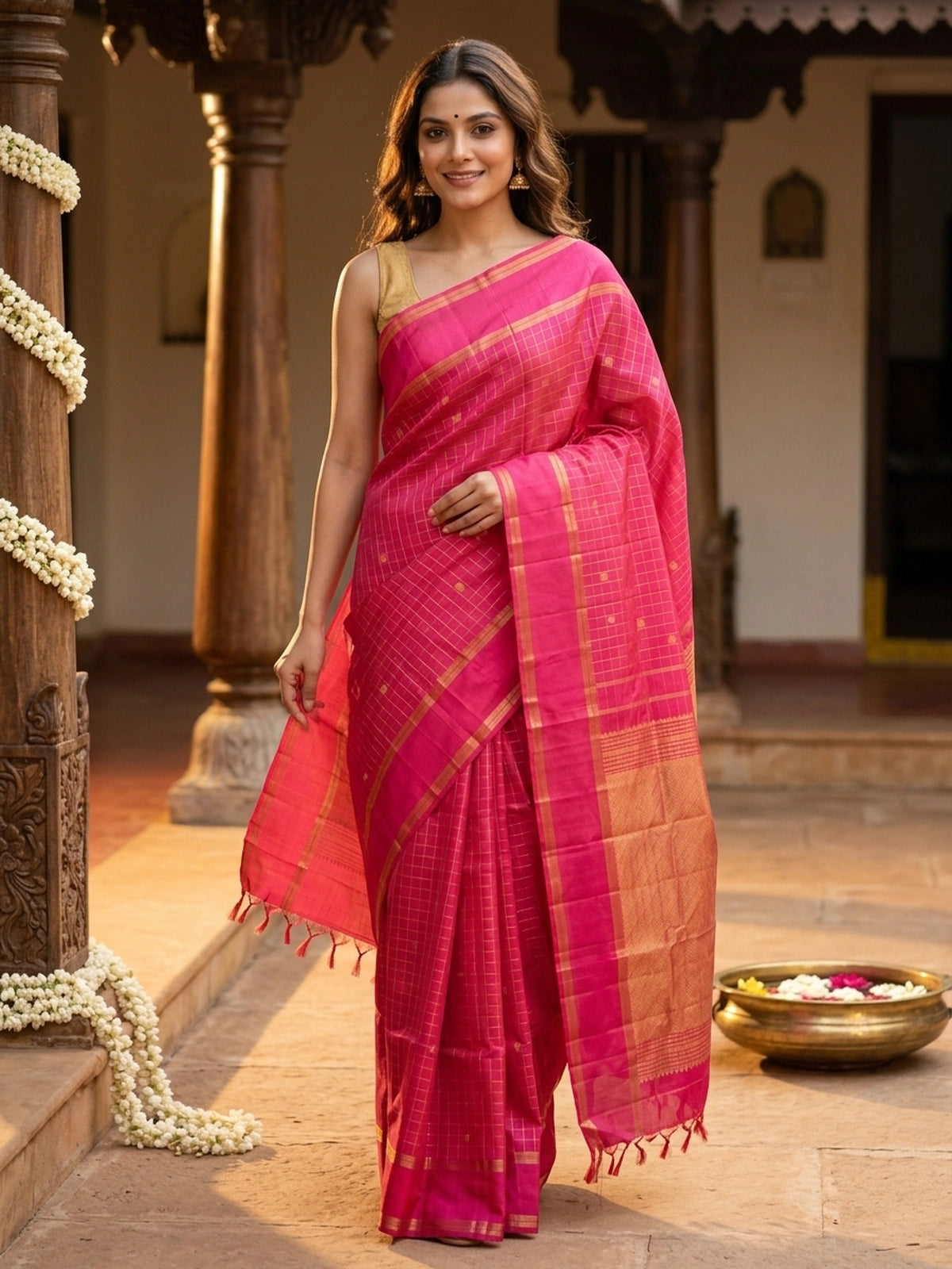 Rani pink pure Kanchipuram silk saree with gold zari checks, small butta motifs and gold zari border
