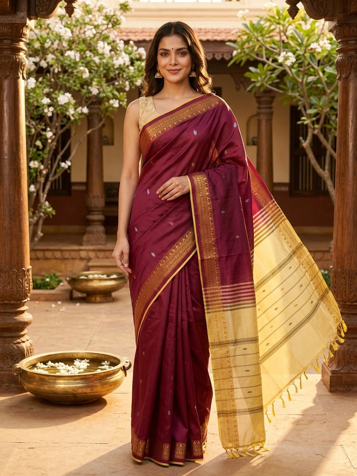 Maroon Banana silk saree with gold zari border, woven buta motifs and contrast cream pallu