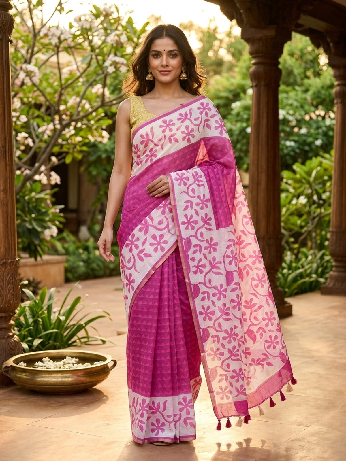 Pink and white linen cotton saree with floral print pallu and gold zari border