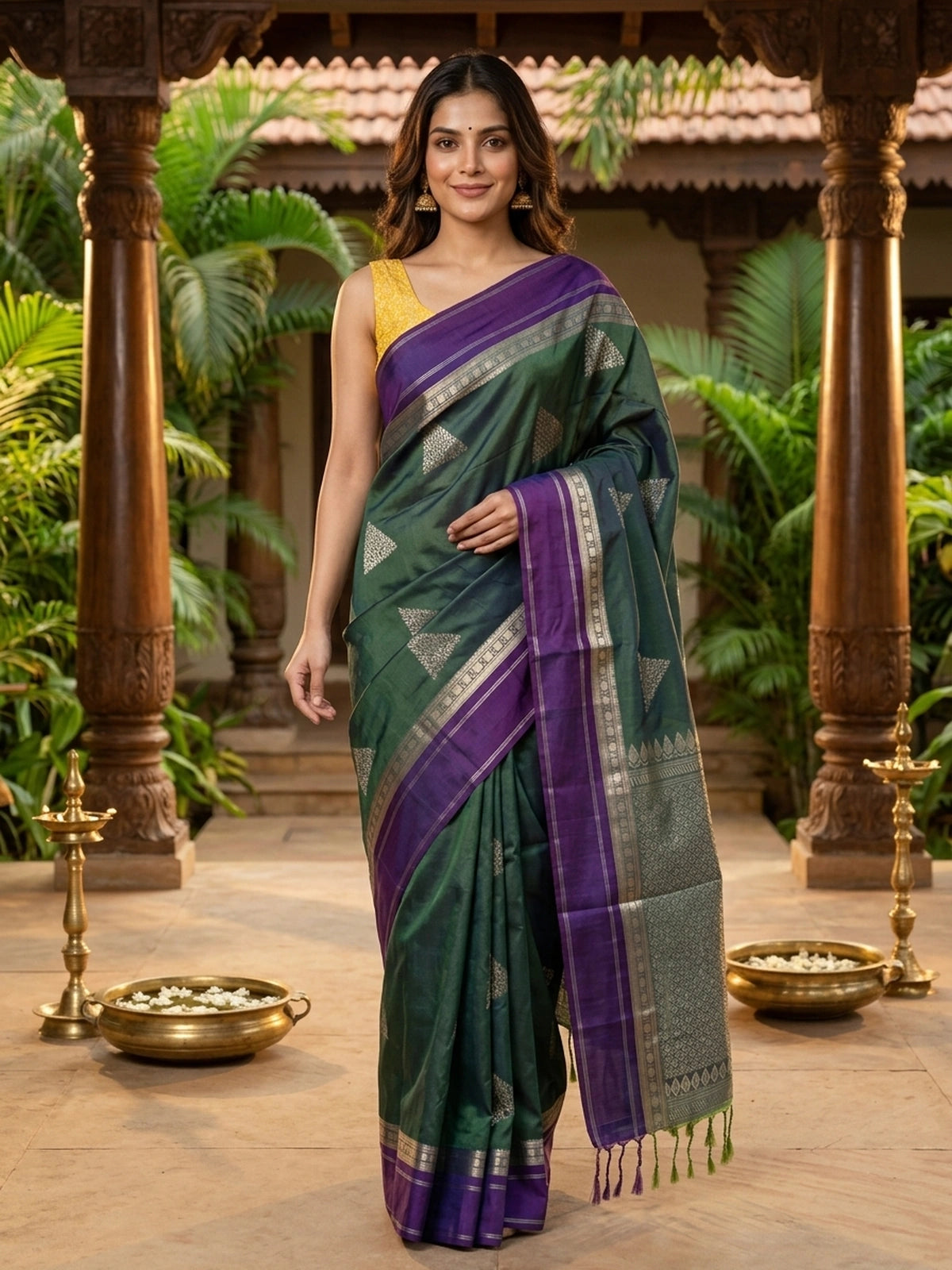 Green Kanchipuram fancy silk saree with contrast purple silver zari border and triangular zari buttas