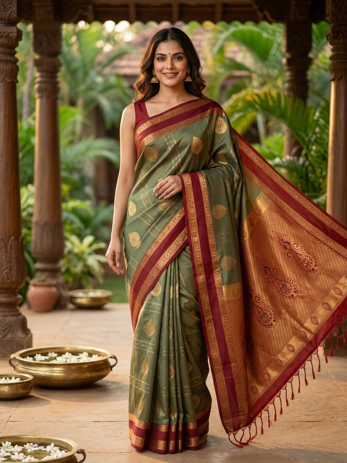 Olive green Kanchipuram fancy silk saree with contrast maroon and gold zari border and paisley pallu