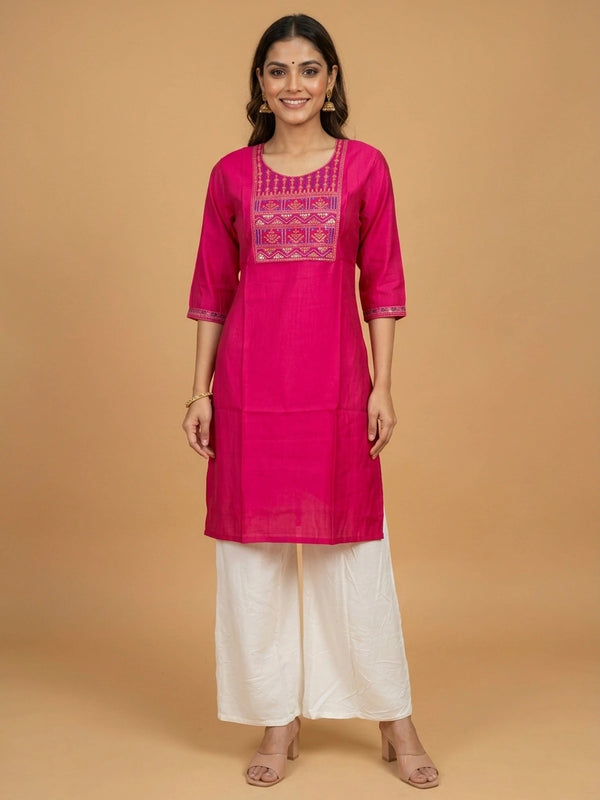 Rani Pink cotton embroidered straight cut kurti top with gold and blue yoke work