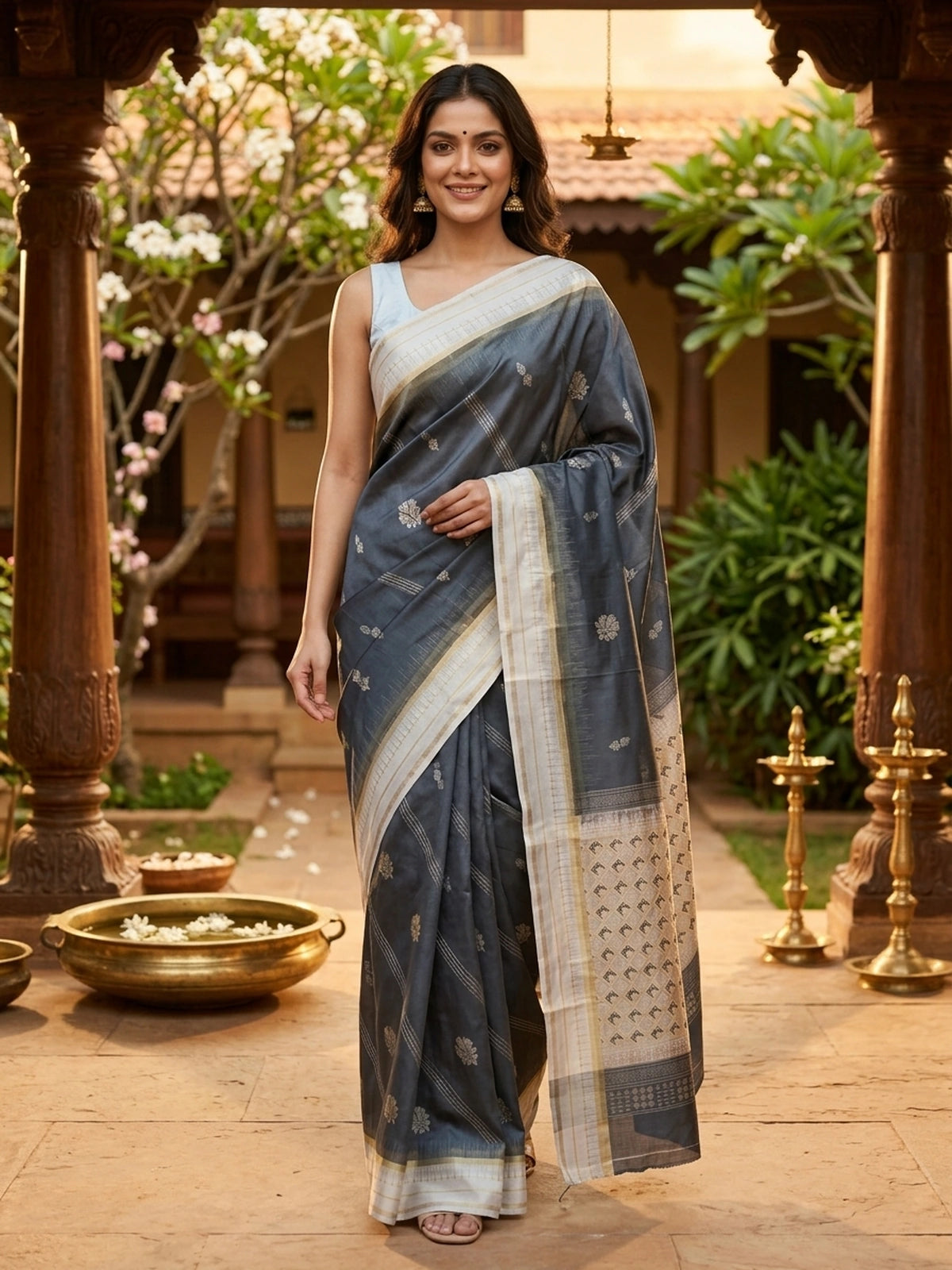 Grey and Cream Dola Silk Saree