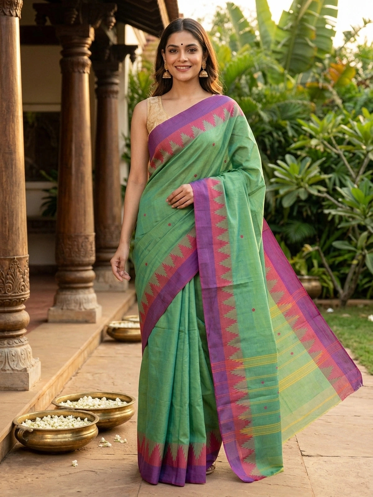 Green Chettinad cotton saree with pink and purple temple border and woven buttas