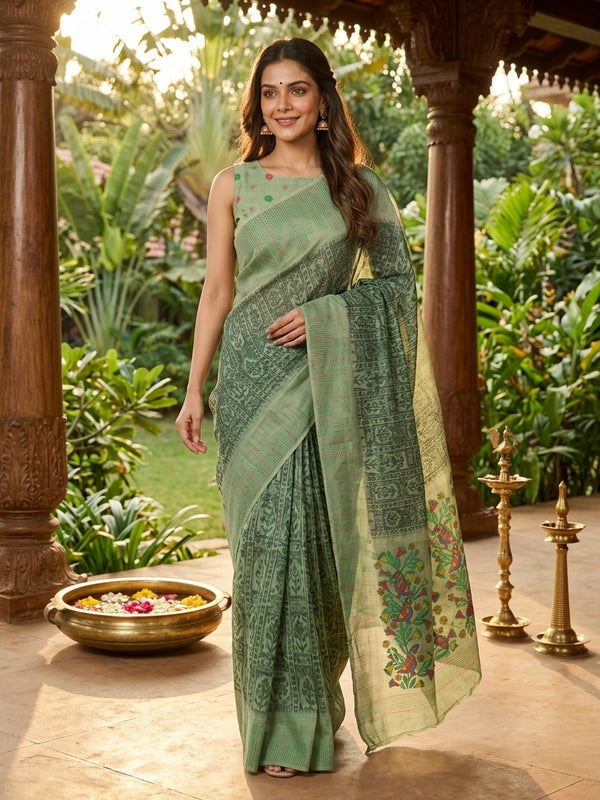 Sage green linen cotton saree with ikat-style motifs and Madhubani bird pallu