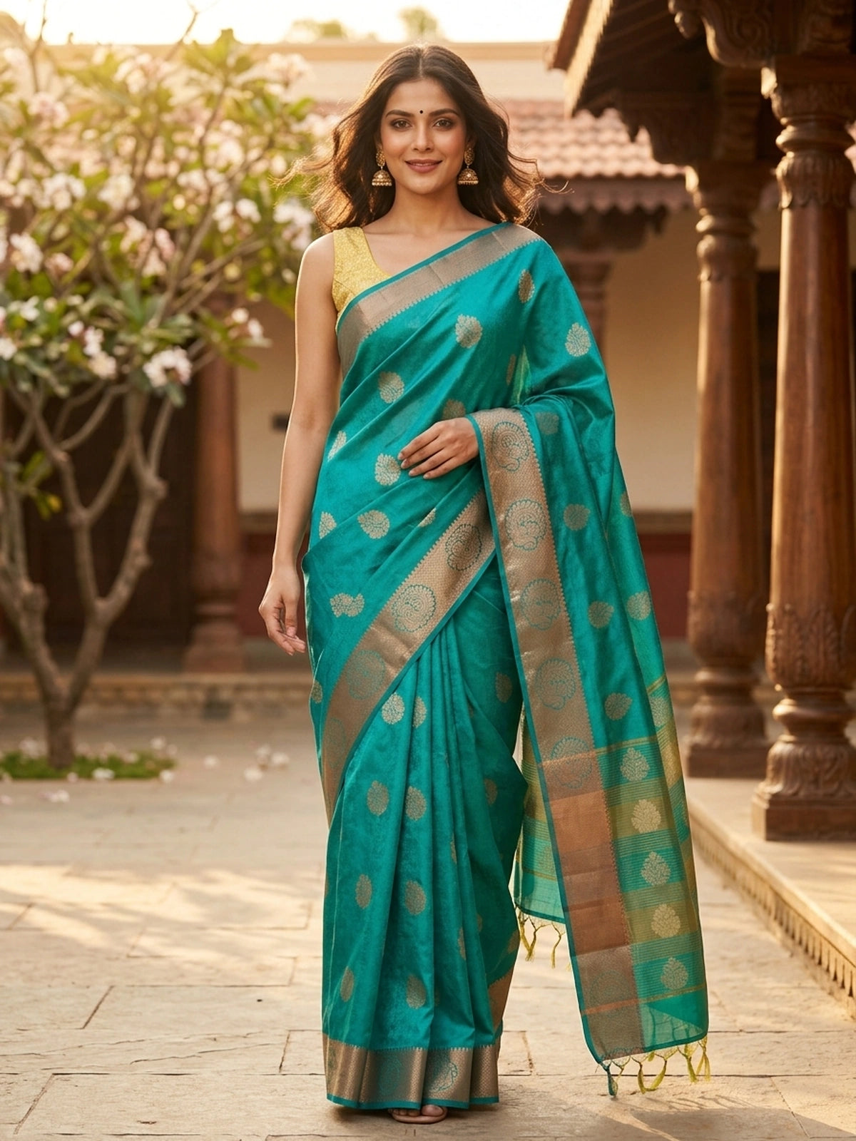 Teal Green and Gold Semi Tussar Saree