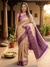 Beige and Purple Kanchipuram Fancy Silk Saree