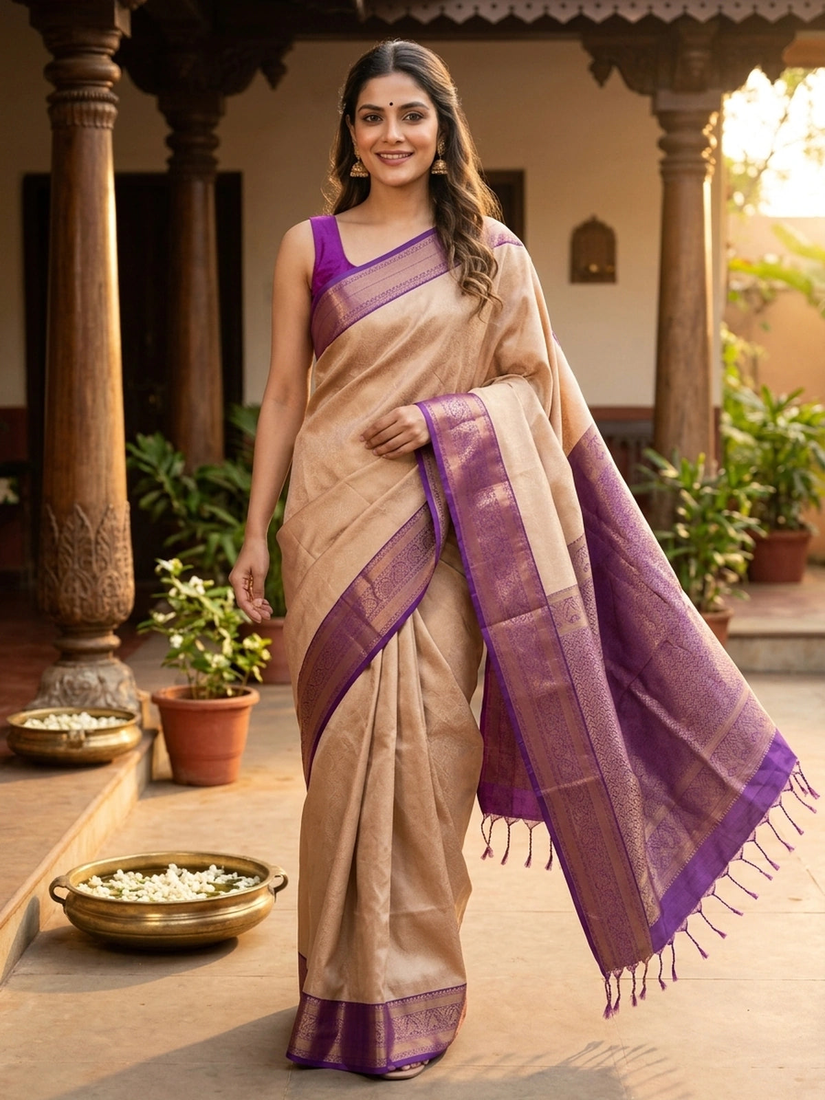 Beige and Purple Kanchipuram Fancy Silk Saree