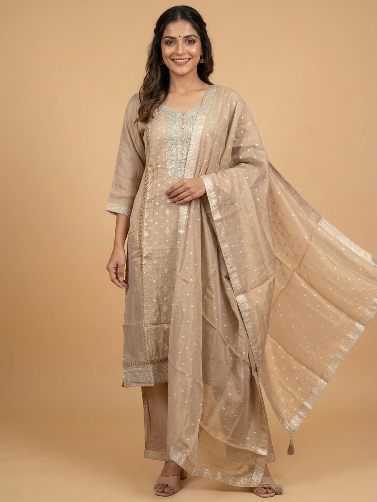 Beige Chanderi silk zari embroidered straight cut kurti set with matching dupatta