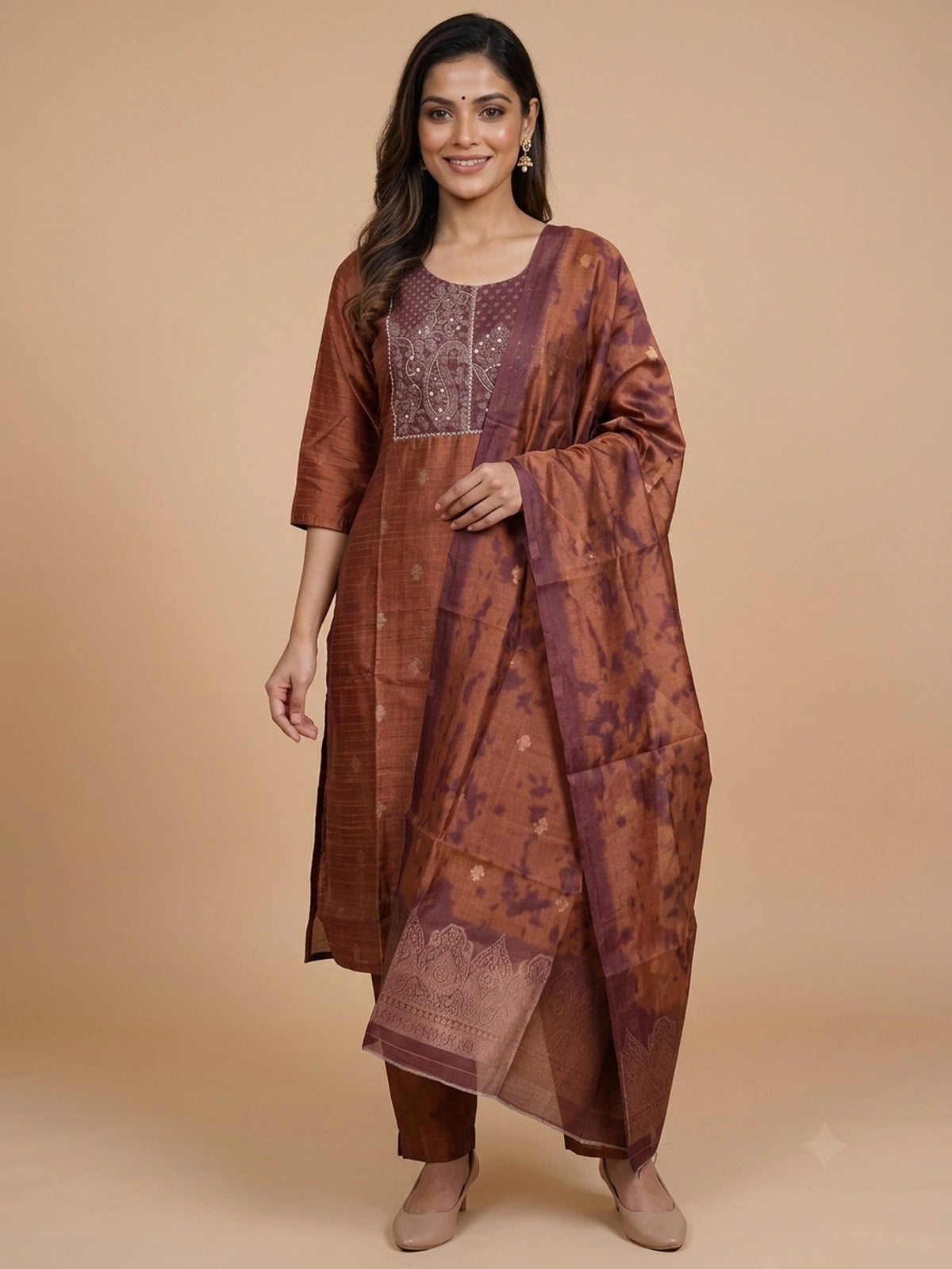 Rust brown silk blend embroidered straight cut kurti set with tie-dye dupatta