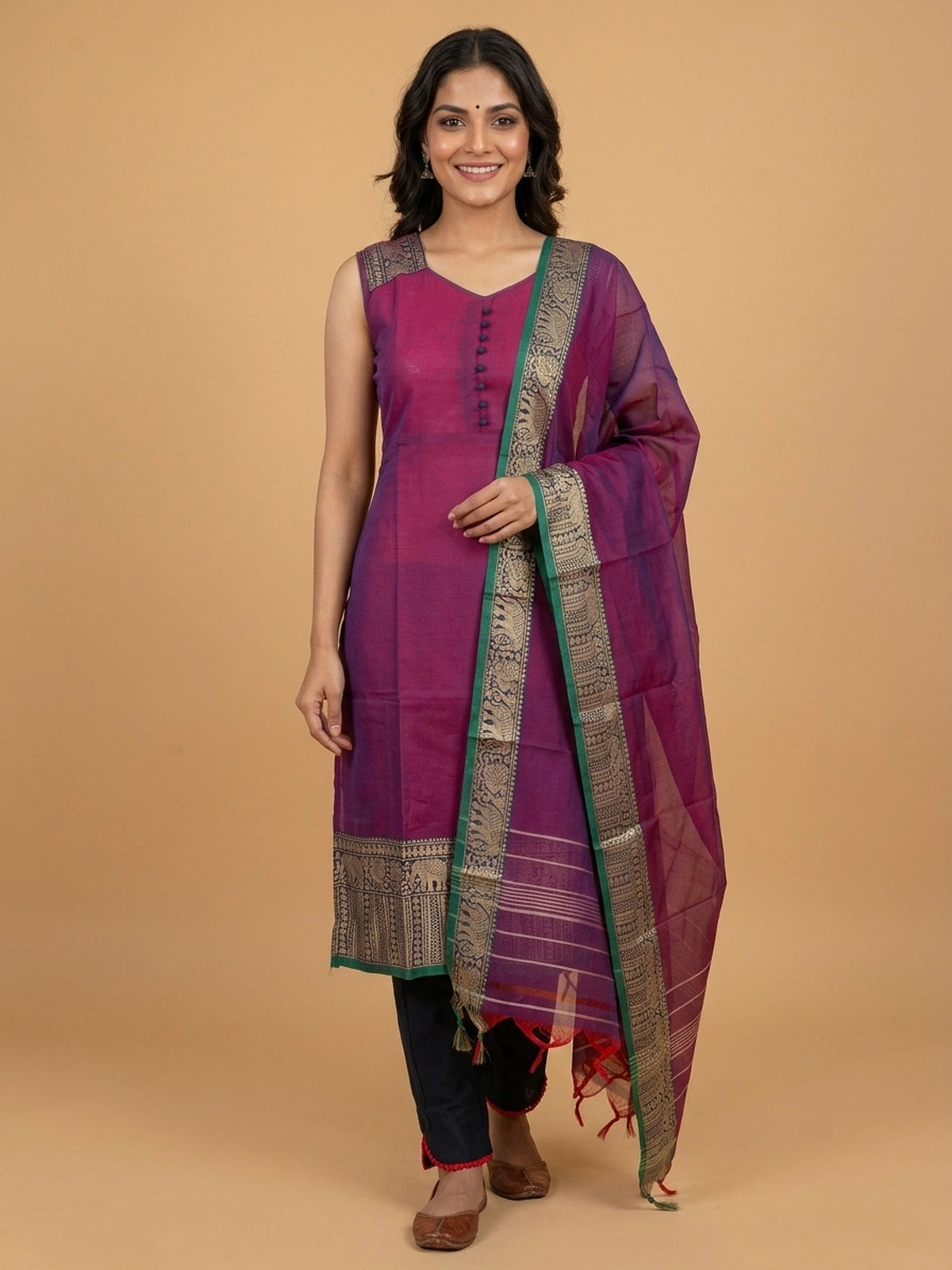 Magenta cotton silk straight cut kurti set with zari elephant motif border and matching dupatta