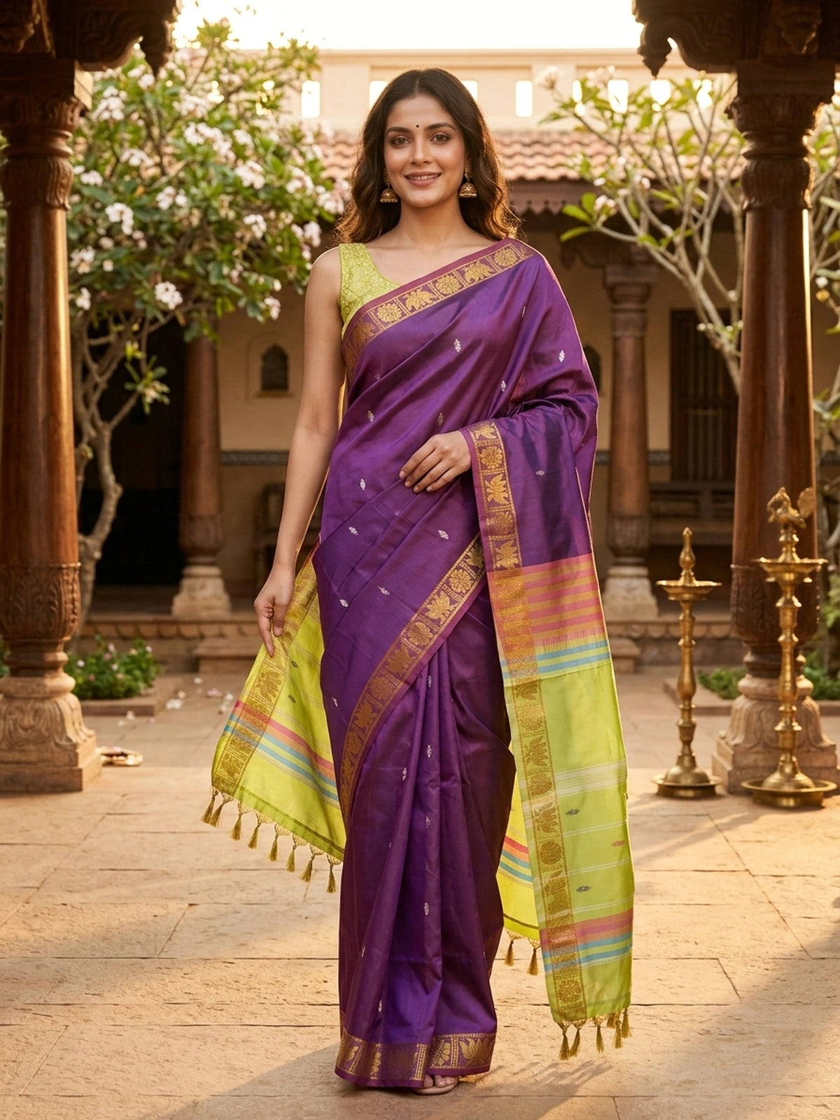 Purple and Lime Green Banana Silk Sarees