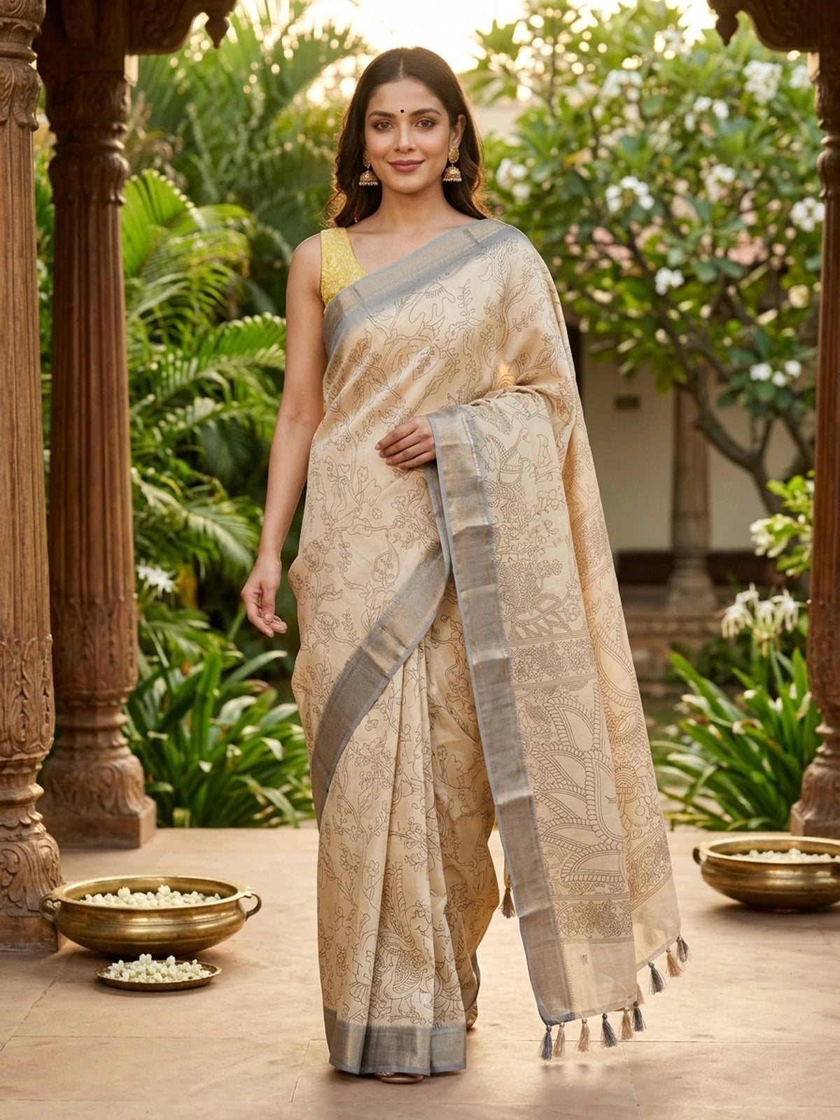 Beige and Grey Dola Silk Saree