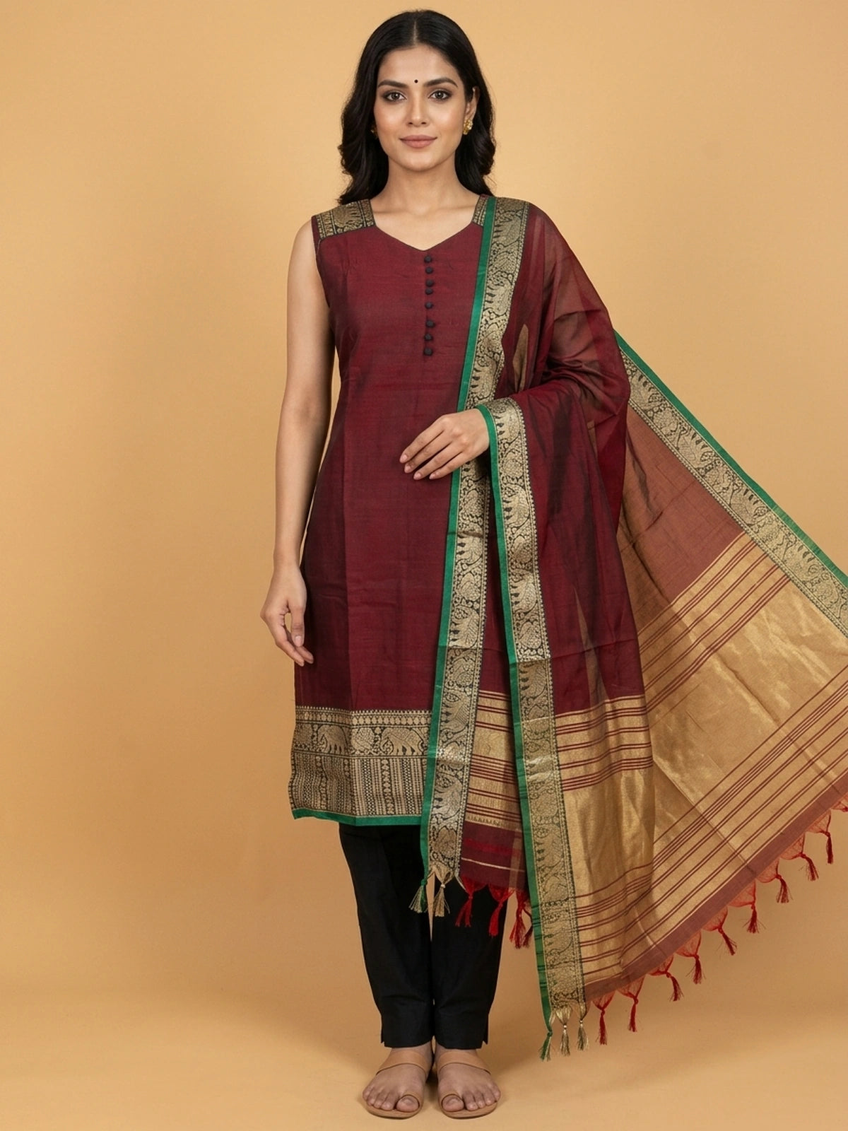 Maroon cotton silk straight cut kurti set with gold zari elephant border and dupatta