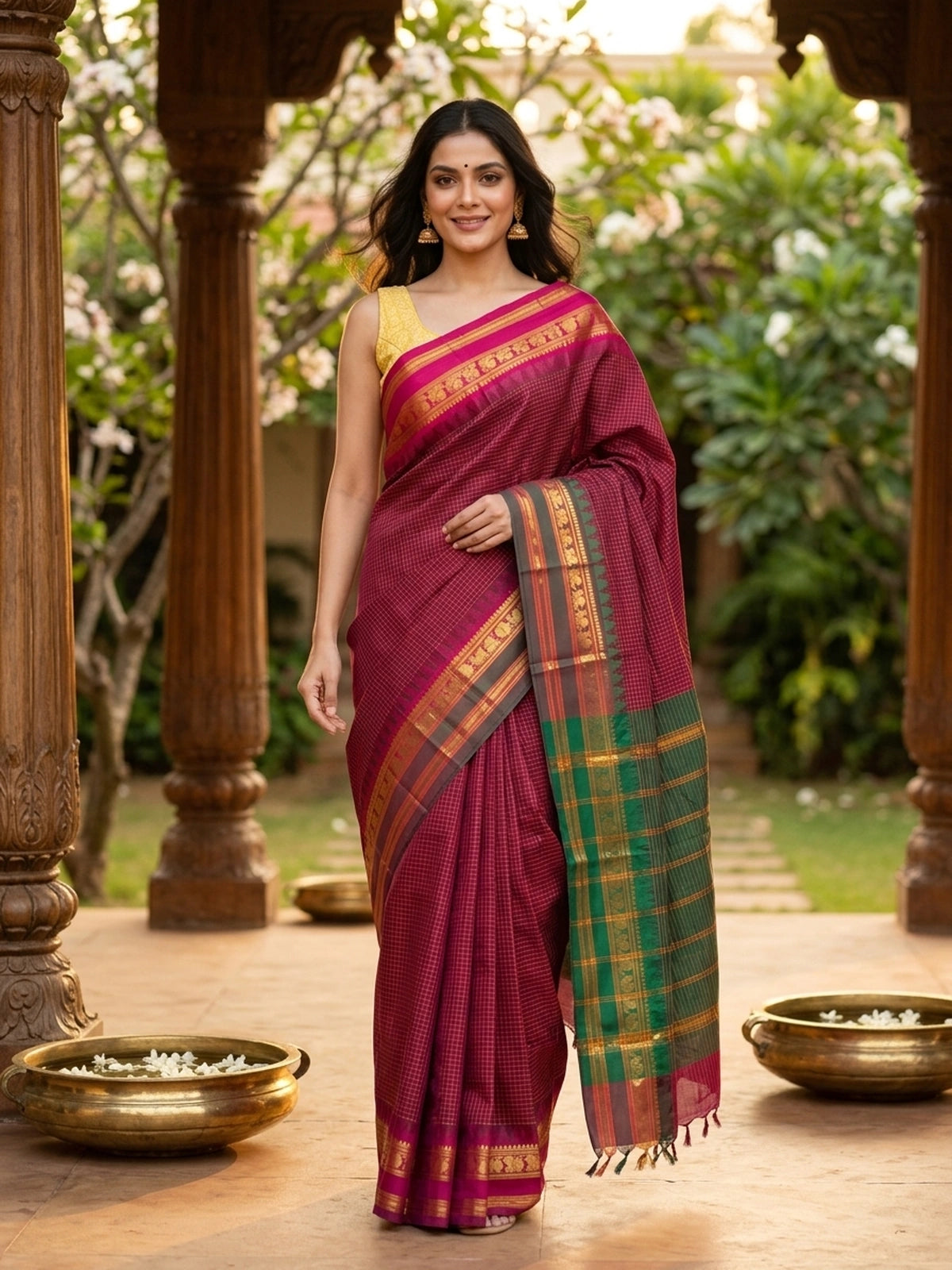 Magenta checked Chettinad cotton saree with pink gold-zari border and green striped pallu