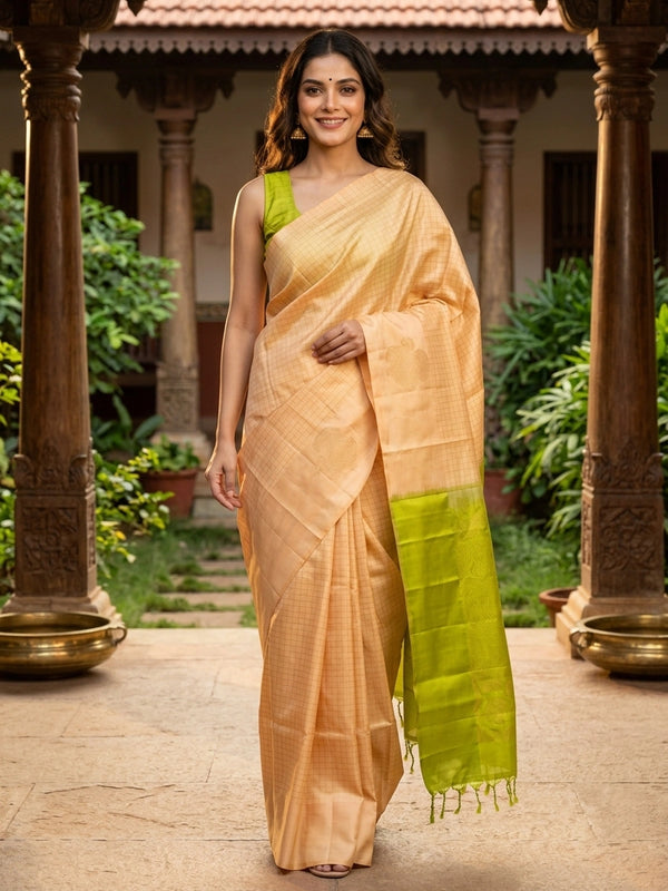 Cream Kanchipuram pure mix saree with gold zari checks and contrast lime green zari pallu and border