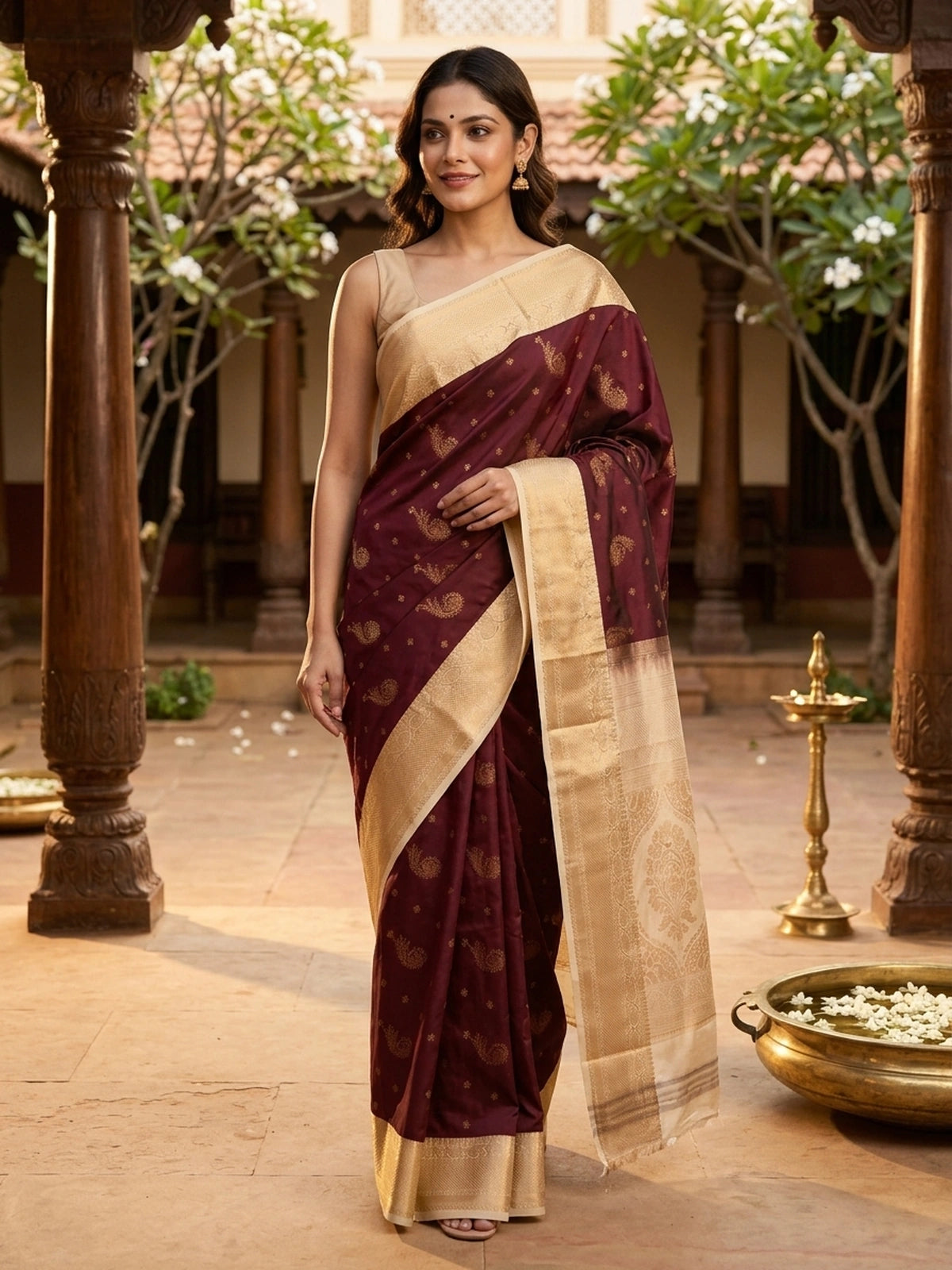 Maroon and Cream Semi Silk Saree