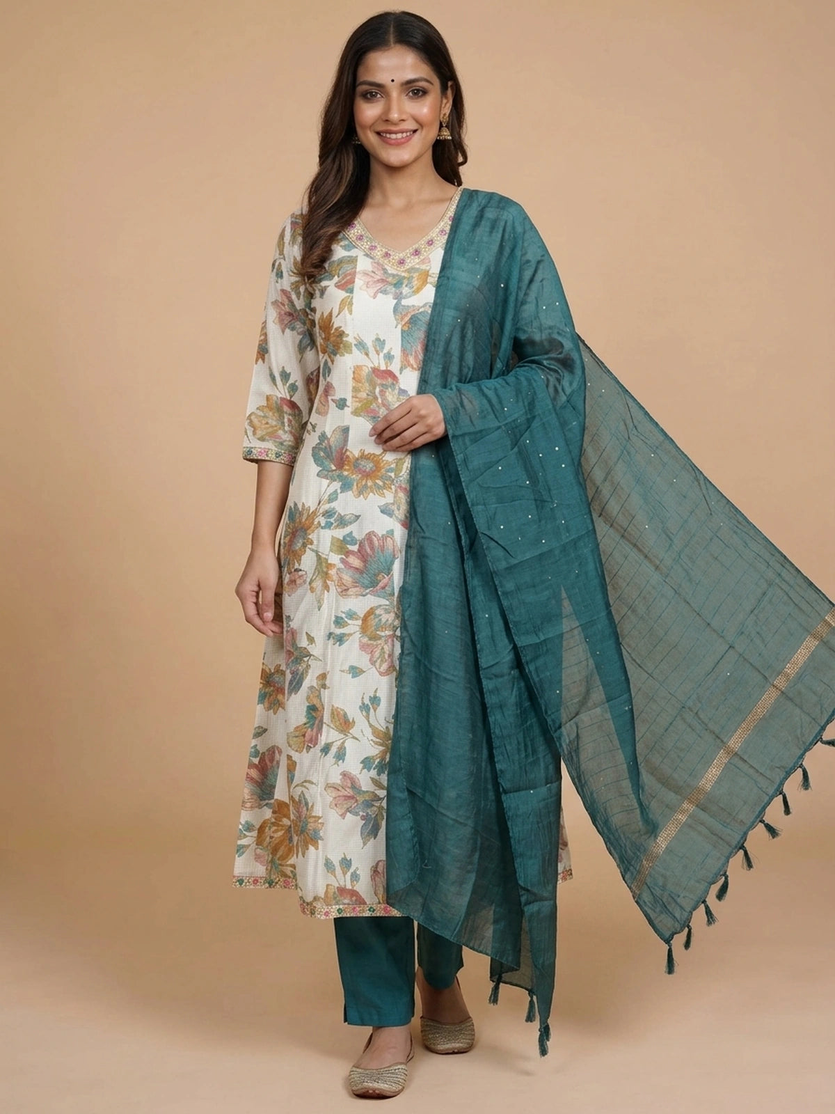 Off-White floral print A-line kurti set with embroidered neckline and teal dupatta